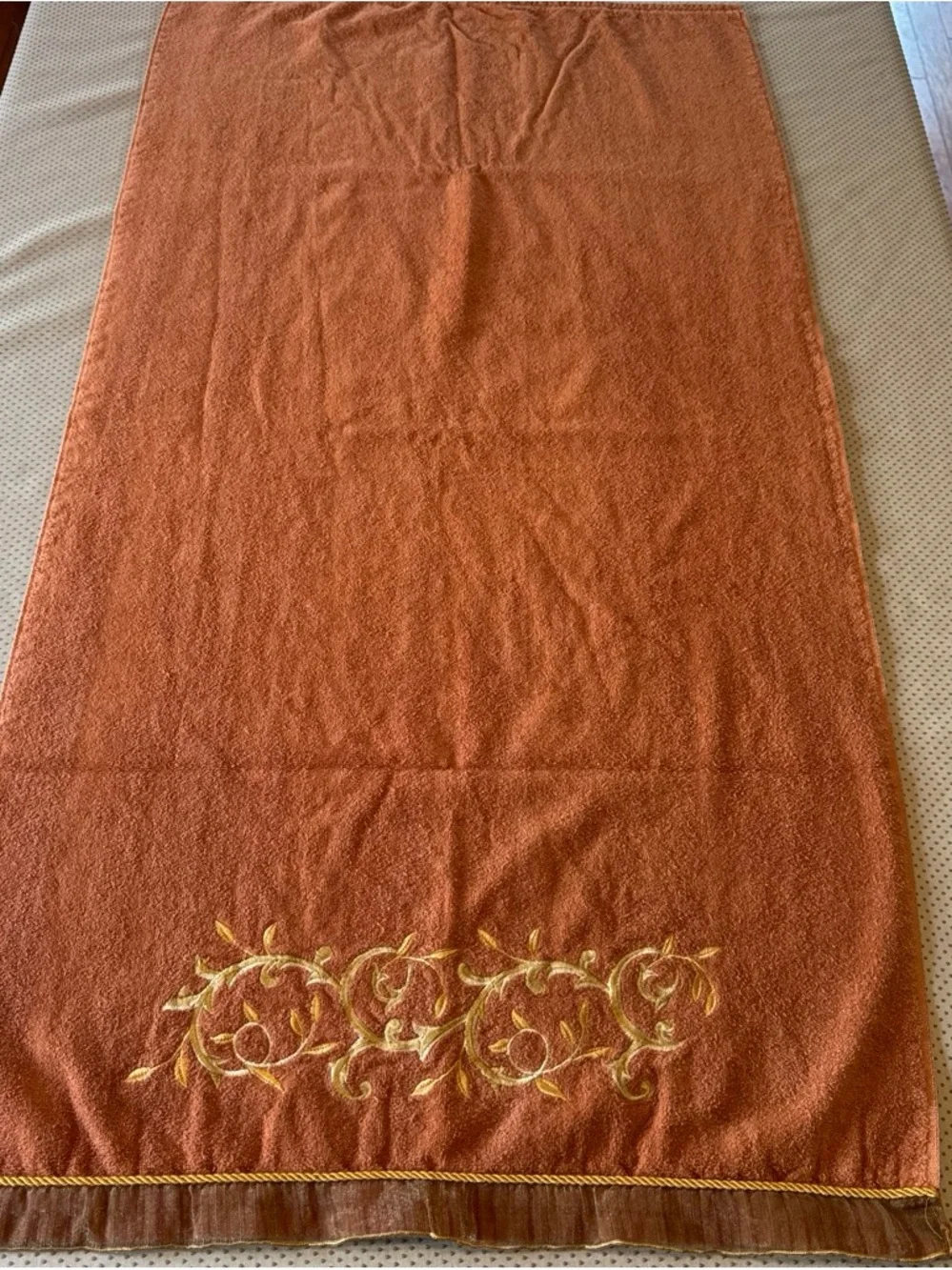 TWO Vintage Avanti Rust Orange Bath Towels with Gold Embroidered Scroll